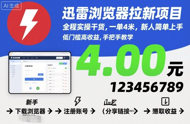 迅雷浏览器拉新项目,全程实操干货,一单4米,新人简单上手-来聚吧
