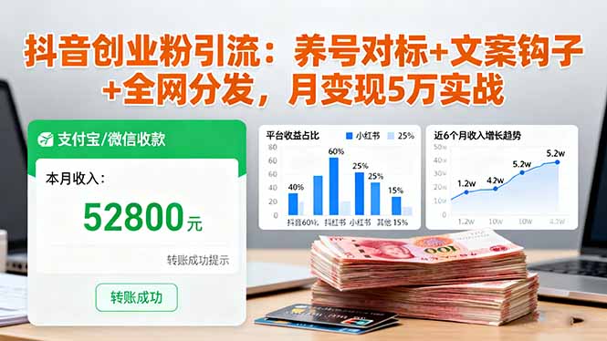 抖音创业粉引流:养号对标+文案钩子+全网分发,月变现5万实战-来聚吧