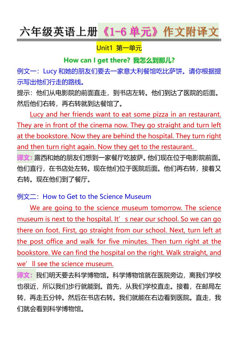 六年级英语上册《1-6单元》作文附译文-来聚吧