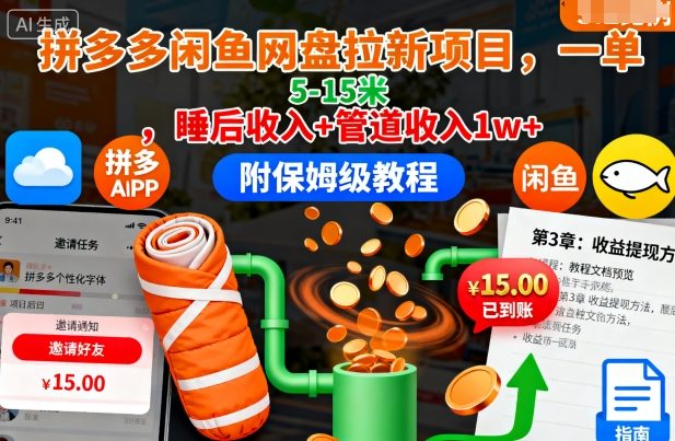 拼多多闲鱼网盘拉新项目，一单5-15米，睡后收入+管道收入1w+(附保姆级教程)-来聚吧