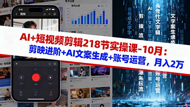 AI+短视频剪辑218节实操课-10月：剪映进阶+AI文案生成+账号运营，月入2万-来聚吧