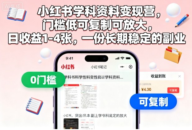 小红书学科资料变现营,门槛低可复制可放大,日收益1-4张,一份长期稳定的副业-来聚吧