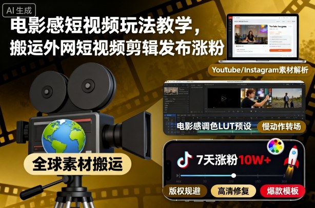 电影感短视频玩法教学,搬运外网短视频剪辑发布涨粉-来聚吧