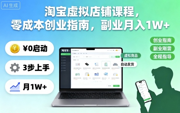 淘宝虚拟店铺课程,零成本创业指南,副业月入1W+-来聚吧