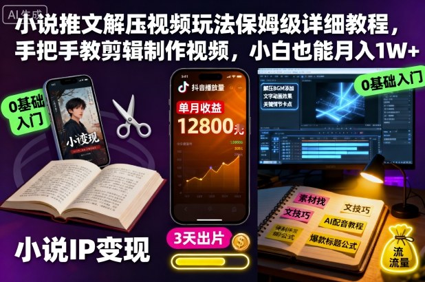 小说推文解压视频玩法保姆级详细教程,手把手教剪辑制作视频,小白也能月入1W+-来聚吧