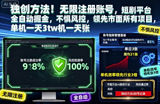 独创方法！无限注册账号，短剧平台全自动掘金，不惧风控，领先市面所有项目，单机一天3张【揭秘】-来聚吧