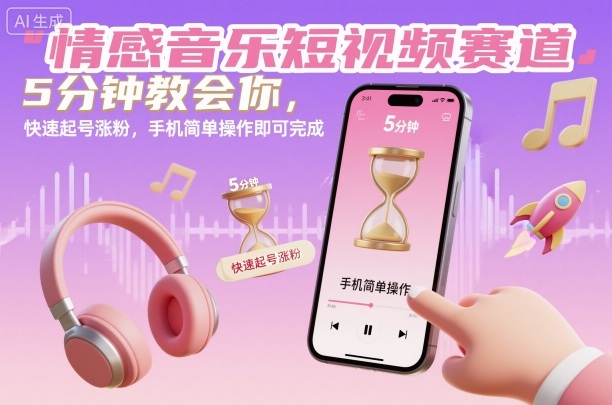 情感音乐短视频赛道，5分钟教会你，快速起号涨粉，手机简单操作即可完成-来聚吧