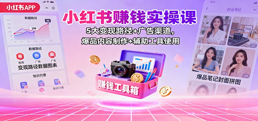 小红书赚钱实操课：5大变现路径+广告渠道，爆品内容制作+辅助工具使用-来聚吧