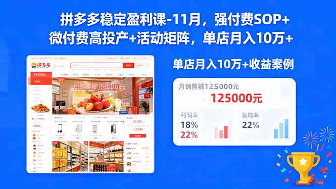 拼多多稳定盈利课-11月，强付费SOP+微付费高投产+活动矩阵，单店月入10万+-来聚吧