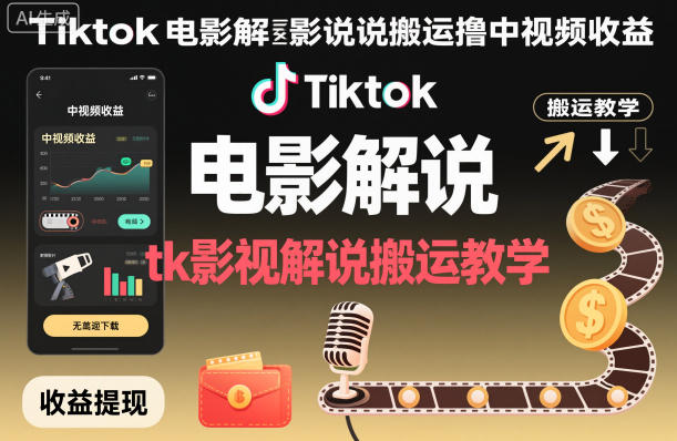 Tiktok电影解说搬运撸中视频收益，tk影视解说搬运教学-来聚吧