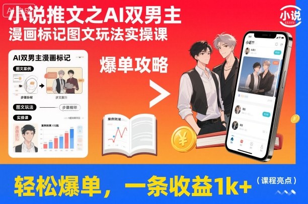 小说推文之AI双男主漫画标记图文玩法实操课,轻松爆单,一条收益1k+-来聚吧