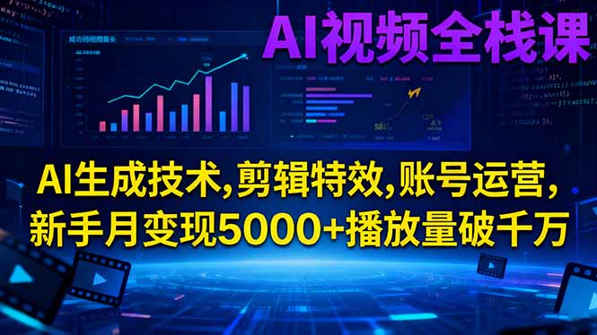 AI视频全栈课:AI生成技术,剪辑特效,账号运营,新手月变现5000+播放量破千万-来聚吧