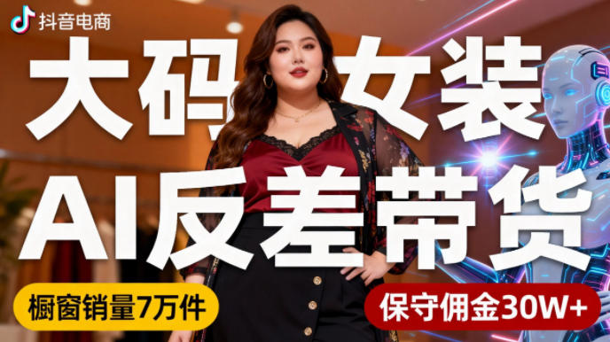 抖音小众赛道，大码女装AI反差带货，不用直播，每天6条作品，橱窗卖7万件，保守佣金30W+-来聚吧
