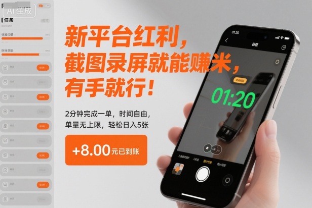 新平台红利,截图录屏就能賺米,有手就行!2分钟完成一单,时间自由,单量无上限,轻松日入5张【揭秘】-来聚吧