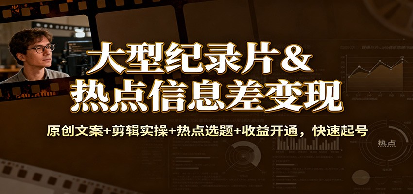 大型纪录片&热点信息差变现：原创文案+剪辑实操+热点选题+收益开通，快速起号-来聚吧