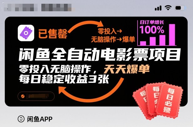 闲鱼全自动电影票项目，零投入无脑操作，天天爆单，每日稳定收益3张【揭秘】-来聚吧