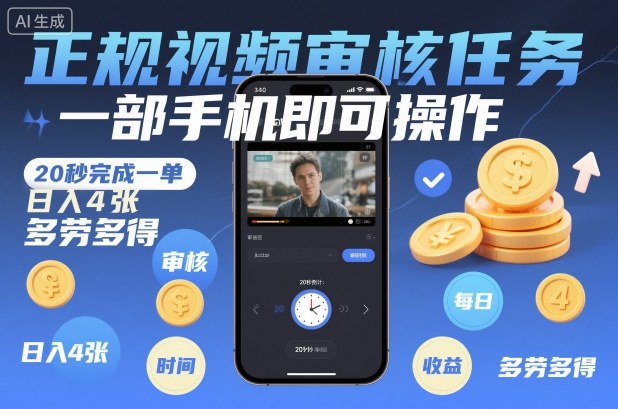 正规视频审核任务，一部手机即可操作，20秒完成一单，日入4张，多劳多得【揭秘】-来聚吧