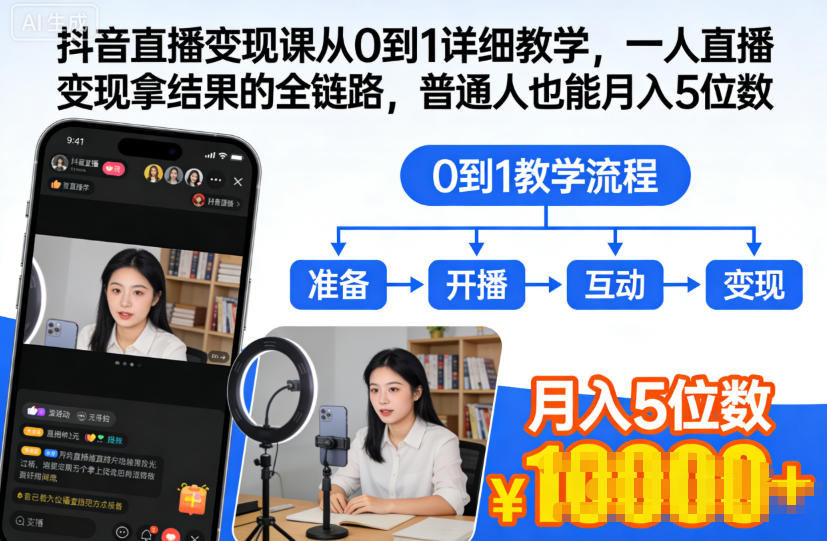 抖音直播变现课从0到1详细教学，一人直播变现拿结果的全链路，普通人也能月入5位数-来聚吧