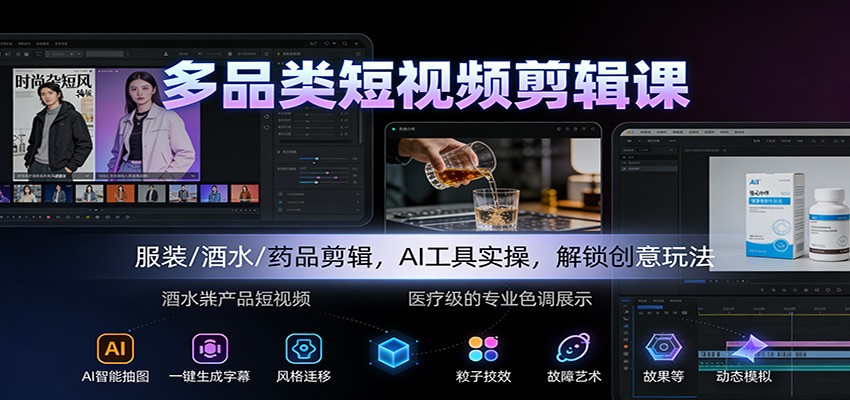 多品类短视频剪辑课：服装/酒水/药品剪辑，AI工具实操，解锁创意玩法-来聚吧