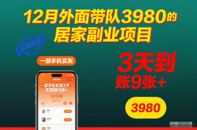 12月外面带队3980的居家副业项目，一部手机实测3天到账9张+，首发教程【揭秘】-来聚吧