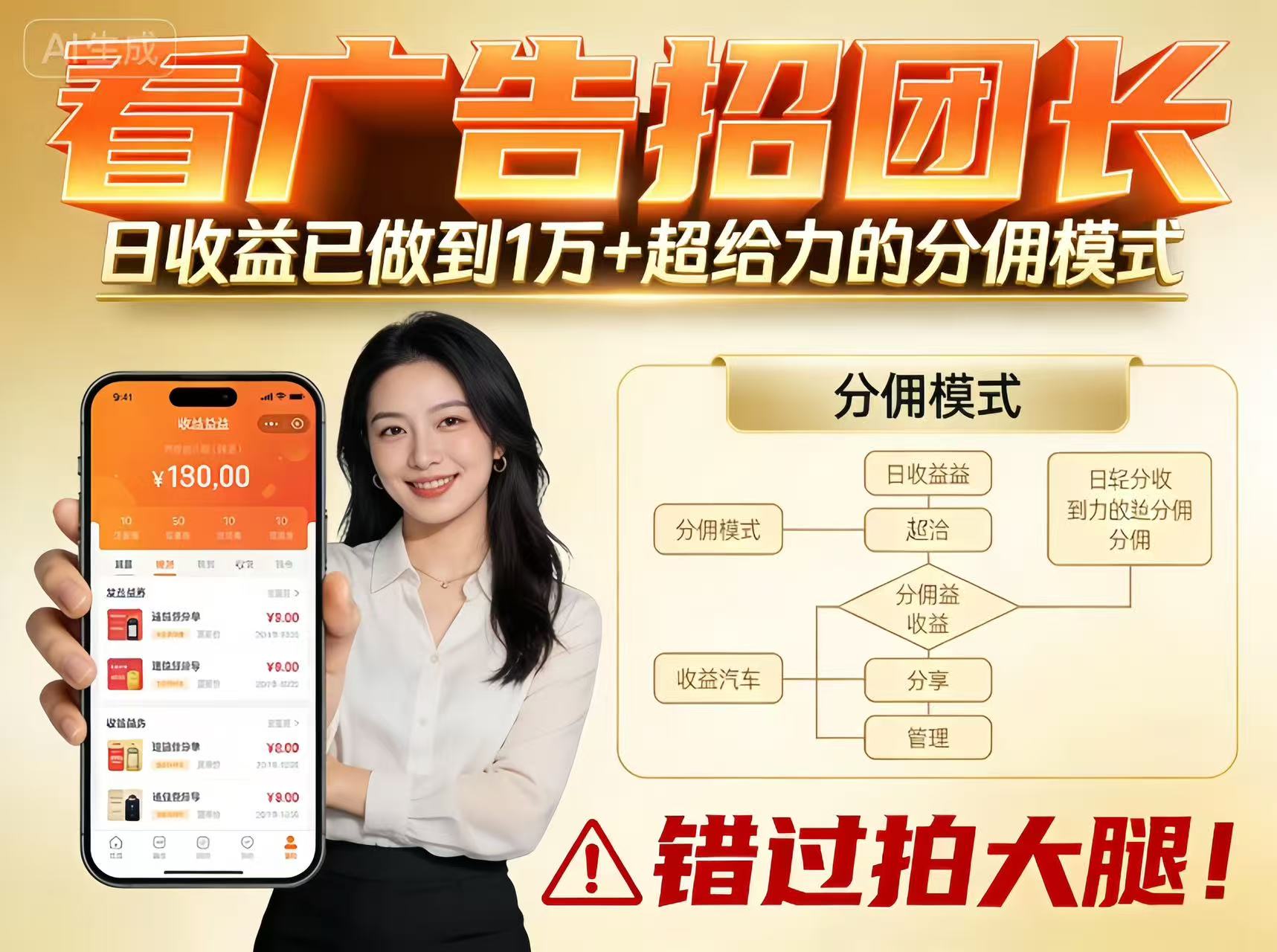 看广告招团长，团队收益已做到日入1万，分佣模式超给力，错过拍大腿-来聚吧