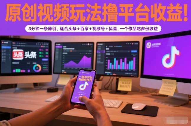 原创视频玩法撸平台收益，3分钟一条原创，适合头条+百家+视频号+抖音，一个作品吃多份收益-来聚吧