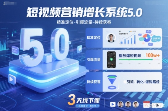 短视频营销增长系统5.0，精准定位-引爆流量-持续获客，3天线下课(音频+图片)-来聚吧