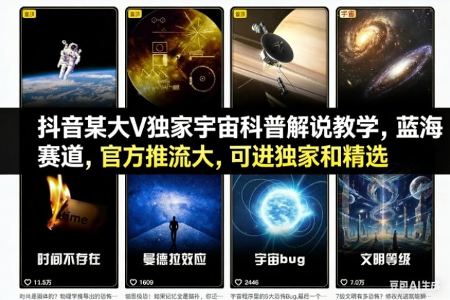 抖音某大V独家宇宙科普解说教学,蓝海赛道,官方推流大,可进独家和精选-来聚吧