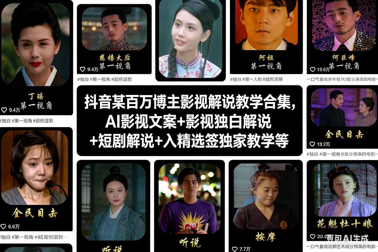 抖音某百万博主影视解说教学合集，AI影视文案+影视独白解说+短剧解说+入精选签独家教学等-来聚吧
