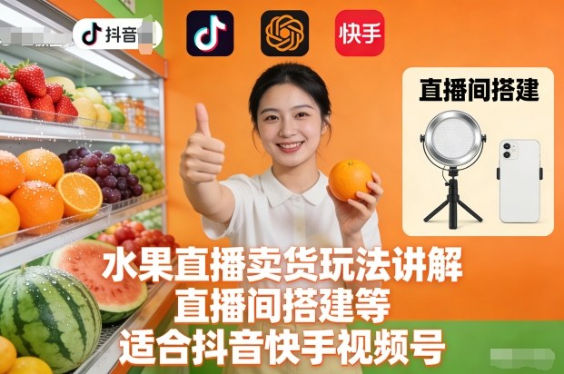 水果直播卖货玩法讲解、直播间搭建等，适合抖音快手视频号-来聚吧