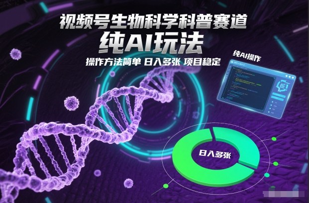 视频号生物科学科普赛道,纯AI玩法,操作方法简单,日入多张,项目稳定-来聚吧