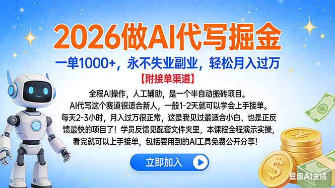 2026做AI代写掘金,一单1000+,永不失业副业,轻松月入过万-来聚吧