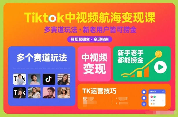 Tiktok中视频航海变现课，多个赛道玩法，新手老手都能在TK中视频捞金-来聚吧