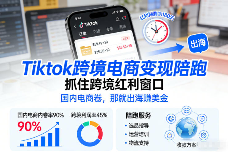 Tiktok跨境电商变现陪跑，抓住跨境红利窗口，国内电商卷，那就出海賺美金-来聚吧