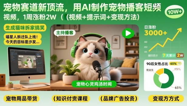 宠物赛道新顶流，用AI制作宠物播客短视频，1周涨粉2W(视频+提示词+变现方法)-来聚吧