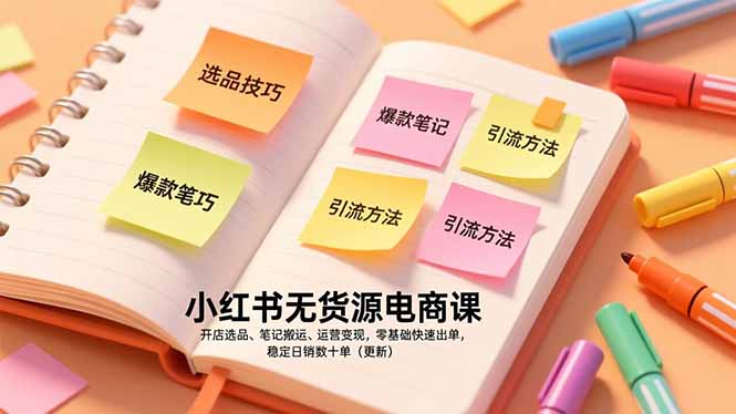 小红书无货源电商课，开店选品、笔记搬运、运营变现，零基础快速出单，稳定日销数十单(更新-来聚吧