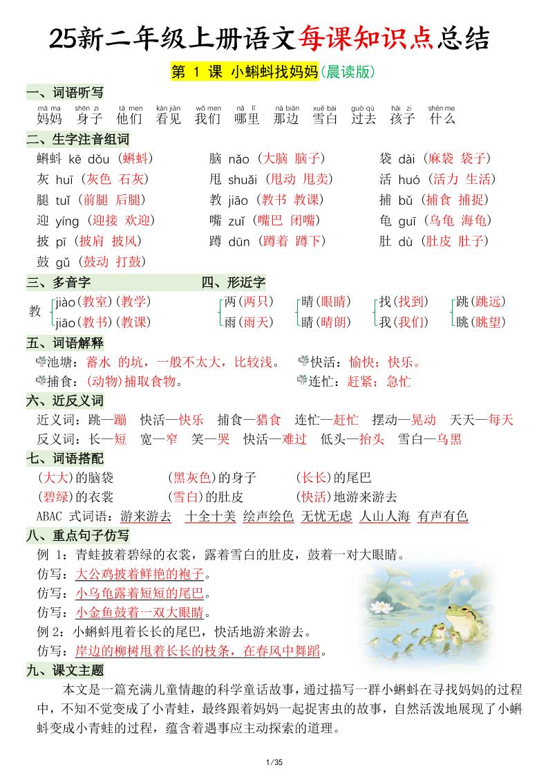 25新二年级上语文每课知识点总结-来聚吧