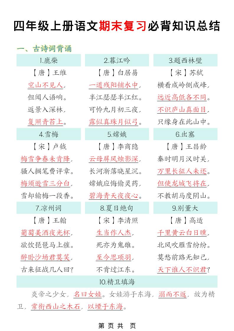 四年级上语文期末复习必背知识总结-来聚吧