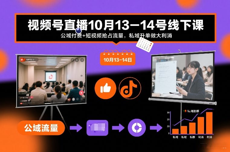 视频号直播10月13-14号线下课，公域付费+短视频抢占流量，私域升单做大利消-来聚吧