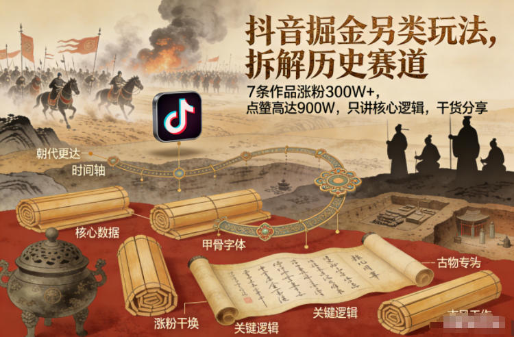 抖音掘金另类玩法，拆解历史赛道，7条作品涨粉300W+，点赞量高达900W，只讲核心逻辑，干货分享-来聚吧