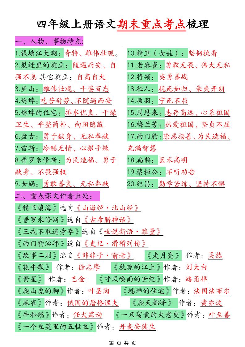 四年级上语文期末重点考点梳理-来聚吧