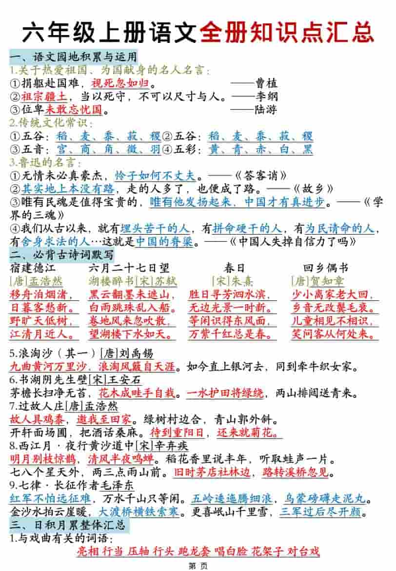 六年级上语文全册知识点汇总-来聚吧