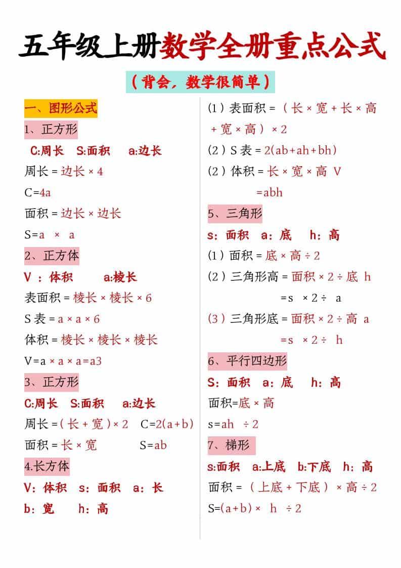五年级上数学全册重点公式-来聚吧