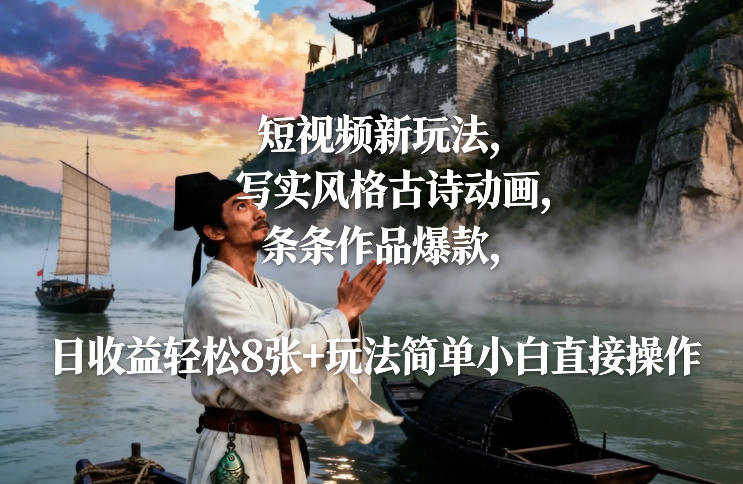 短视频新玩法，写实风格古诗动画，条条作品爆款，日收益轻松8张+玩法简单小白直接操作-来聚吧