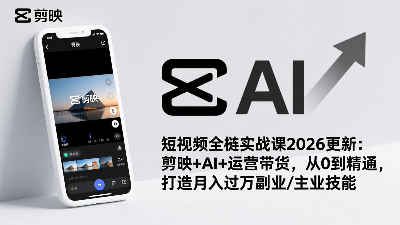 短视频全栈实战课2026更新：剪映+AI+运营带货，从0到精通，打造月入过万副业/主业技能-来聚吧