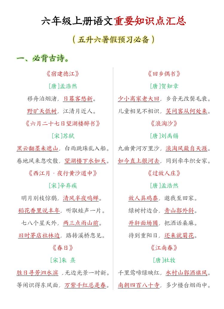 六年级上语文重要知识点汇总-来聚吧