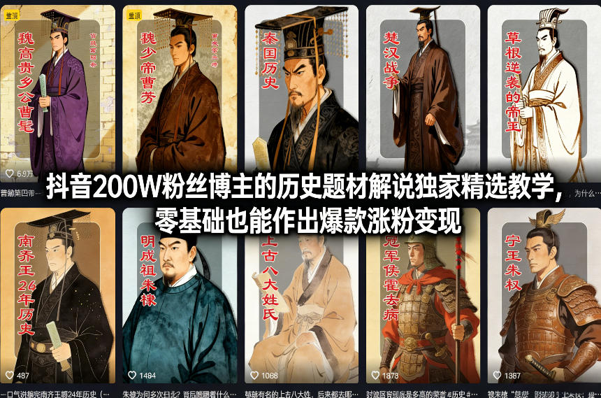 抖音200W粉丝博主的历史题材解说独家精选教学，零基础也能作出爆款涨粉变现-来聚吧