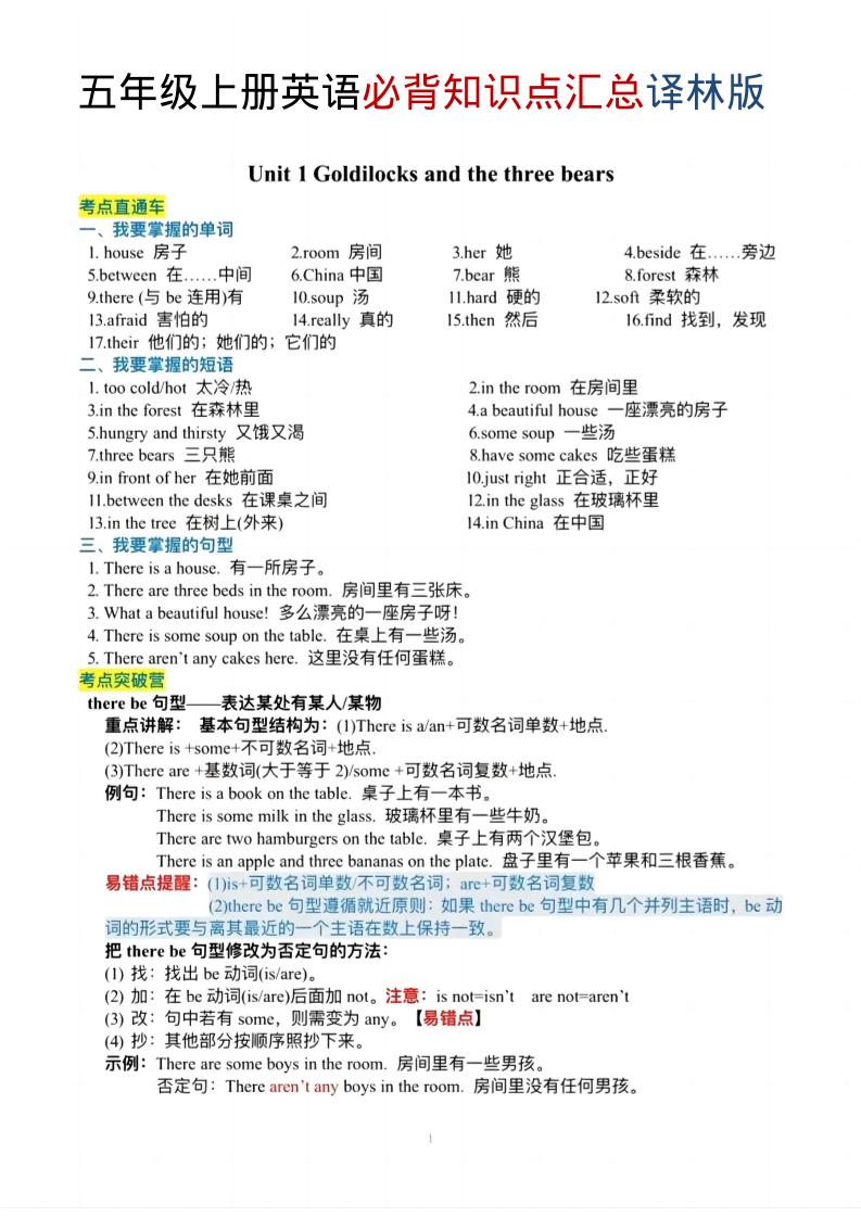 五年级上英语必背知识单《译林版》-来聚吧