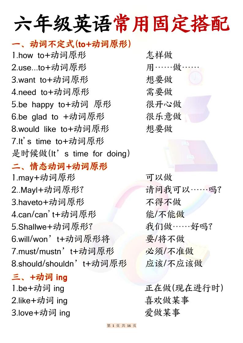 六年级上英语常用固定搭配-来聚吧