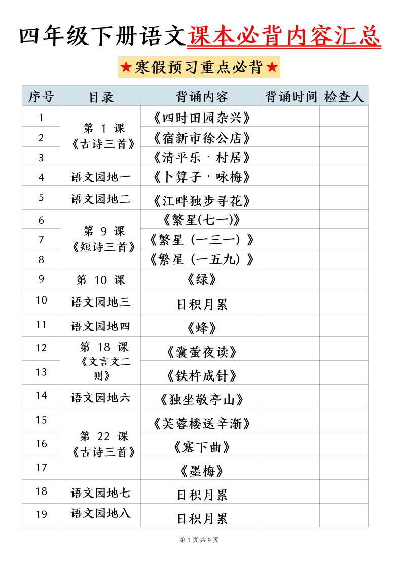 四下语文寒假预习课本必背内容汇总（9页）-来聚吧